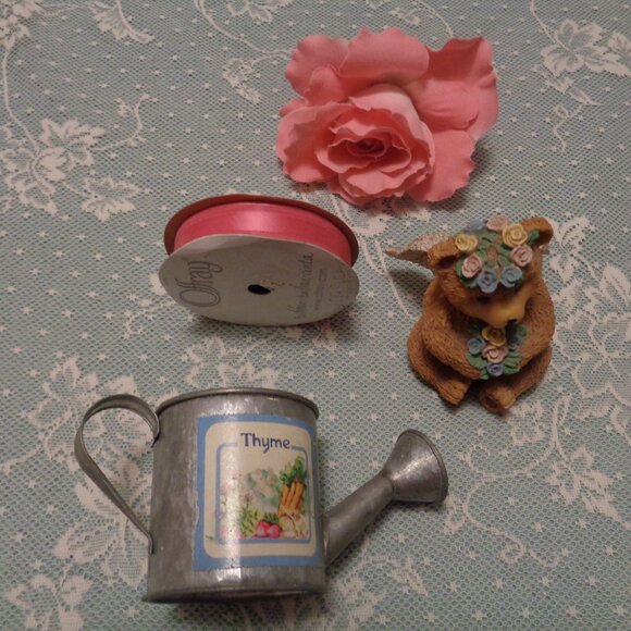 GIRL BEAR FIGURINE W ANGEL WINGS PINK RIBBON WATERING CAN LOT - Picture 1 of 7